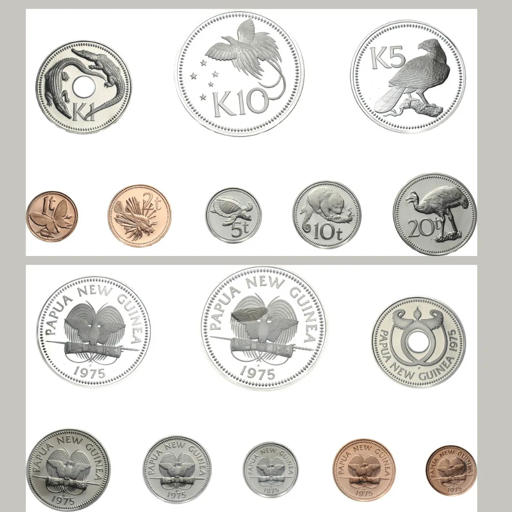 Firdt Coinage Of Papua New Guinea Proof Set Minted At The Franklin Mint ; 1 - 2 - 5 - 10 - 20 Toea & 1 - 5 - 10 Kina 1975 ; In Original Box Rare (8 Coin Set) Included 2 Silver Coin