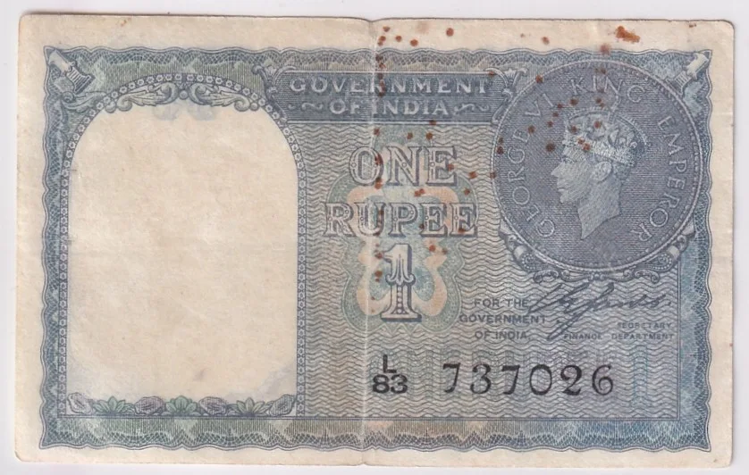 One Rupee 1940 Cleaned Note of King George VI British India #2