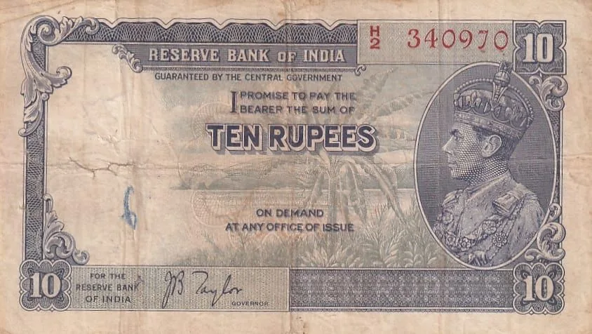 Very Fine 10 Rupees Side Face J B Taylor Signature British India Note Rare #1
