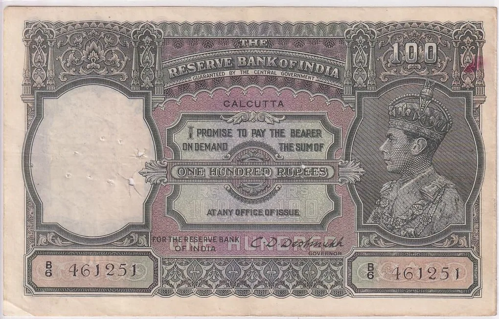 1938 Calcutta Circle 100 Rupees George VI Side Face CD Deshmukh Signature Old #1