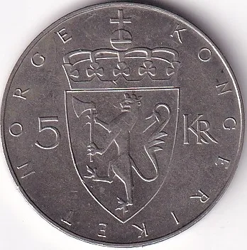 Norway 5 Kroner 100th anniversary - Krone system 1975 Copper Nickel Coin
