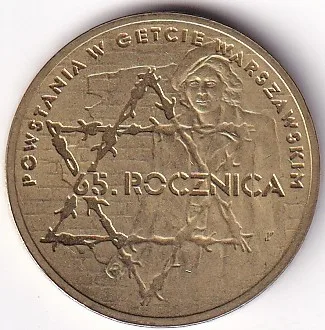 Poland 2 Zlotys 65th Anniversary of Warsaw Ghetto Uprising 2008 Nordic Gold Coin