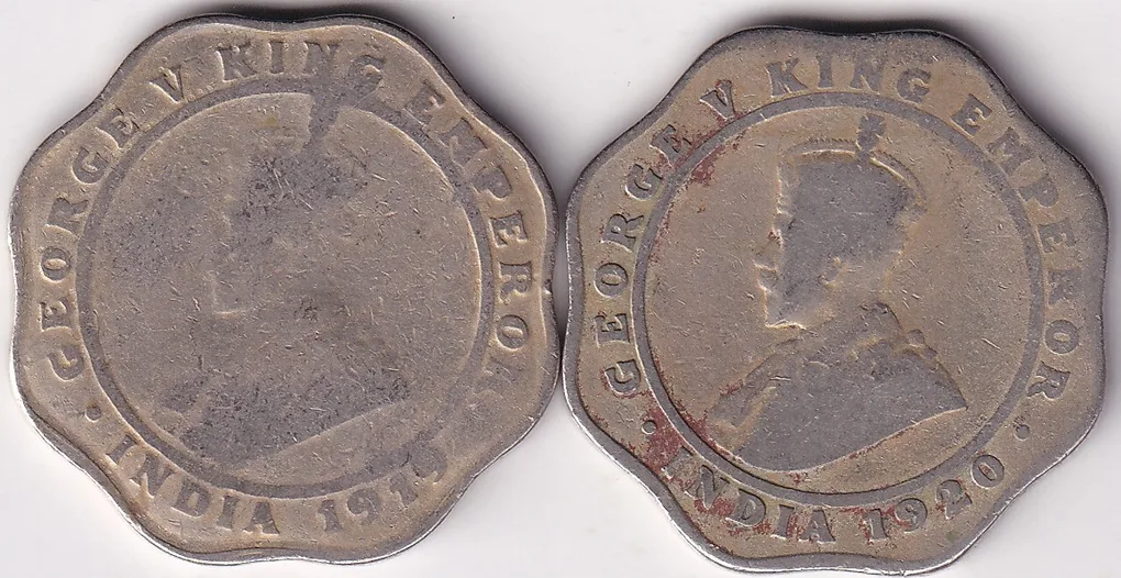 4 Annas 1919 1920 Two Copper Nickel Coins Set Rare #1