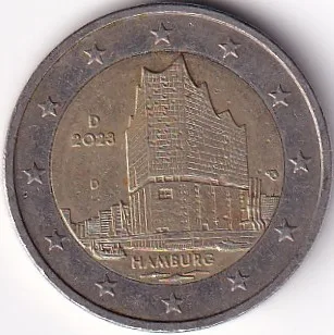2 Euros Bi Metallic Germany 2023 Federal State of Hamburg Issue Munich Mint D Mark Coin