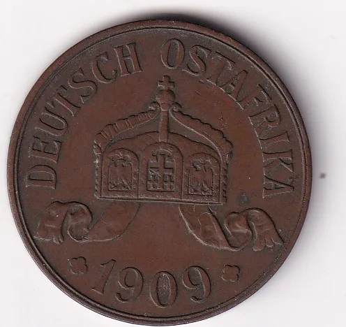 German (East Africa) 5 Heller 1909 (Wilhelm II) Rare Big Size Coin#E-14