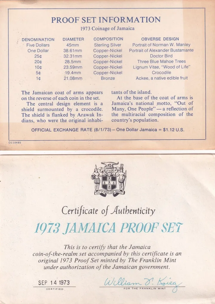 1973 Jamaica Proof 7 Coin Set with ( Box / COA ) Minted at the Franklin Mint