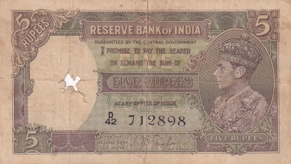 British-India 5 Rupees (George VI) Governor J B Taylor Rare Note