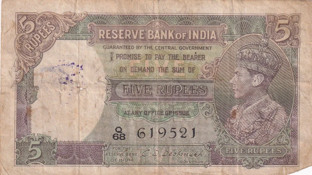 British-India 5 Rupees (George VI) Governor C.D Deshmukh Rare Note (As Per Image)