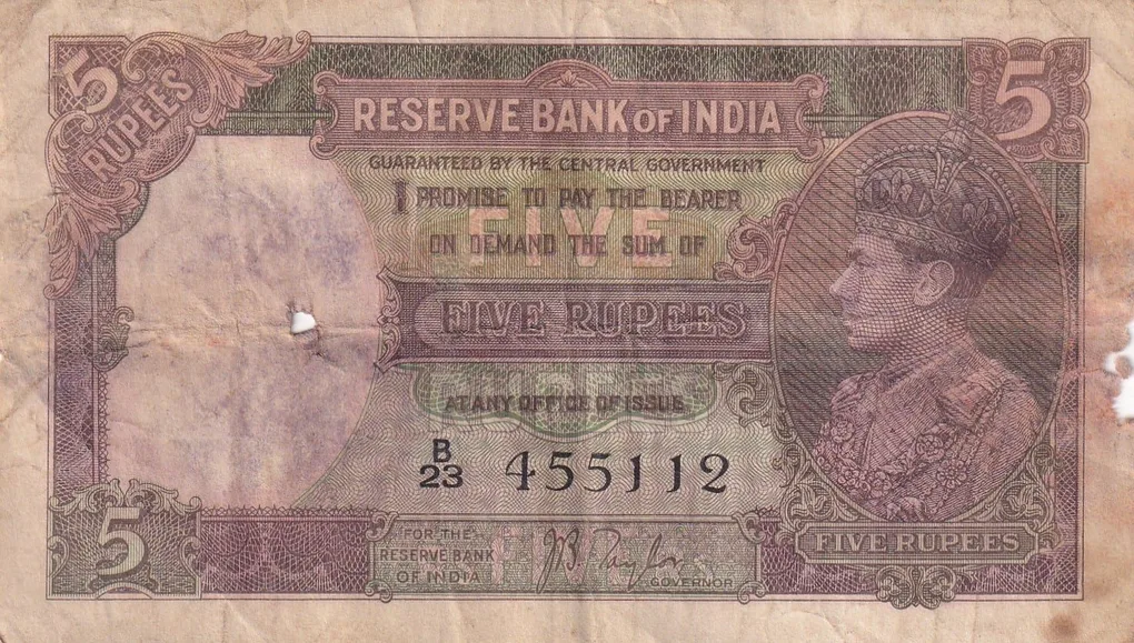 British-India 5 Rupees (George VI) Governor J B Taylor Rare Note (Condition As Per Image)