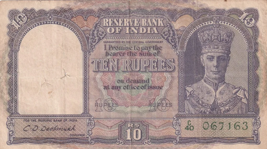 10 Rupees George Fifth Governor C.D.Deshmukh Rare High Graded Note