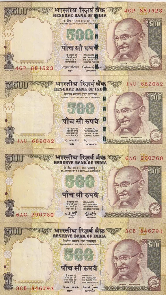 4 Different Governor (Bimal Jalan, Y.B Reddy, D Subba Rao, Raghuram Rajan) 500 Rupees Top A-U Condition Set ##1