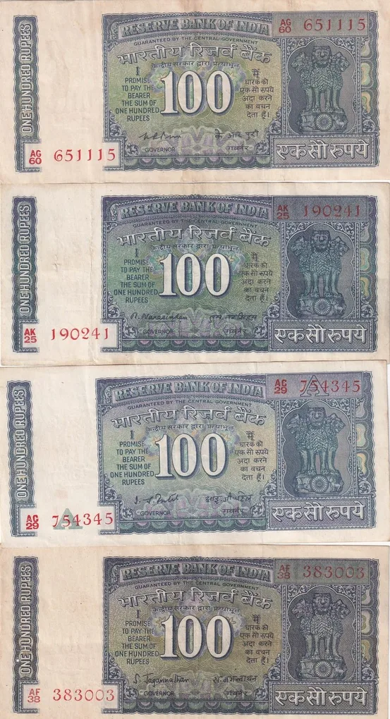 4 Different Governor 100 Rupees (White Patti) Top Condition Note (4 PCS ) Set