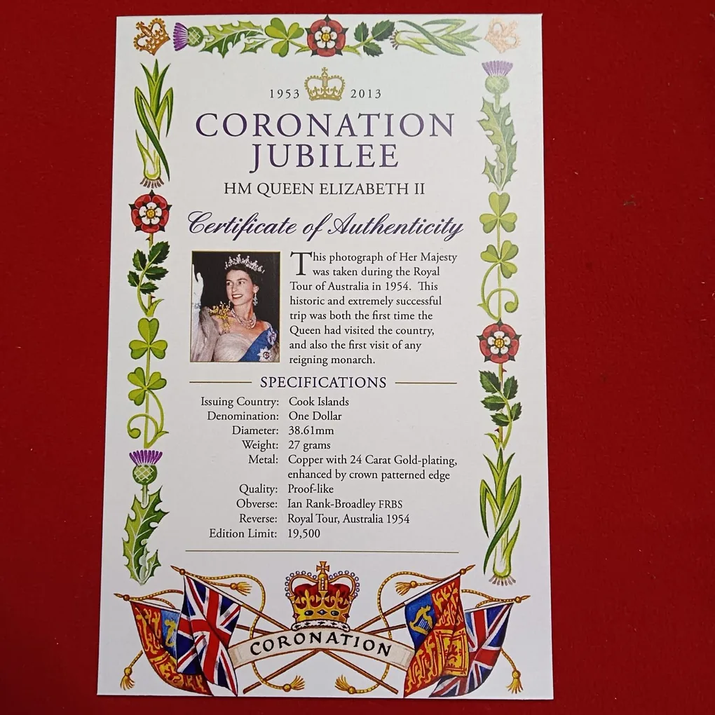 2013 Cook Islands $1 commemorative Proof coin celebrating the 60th anniversary of Queen Elizabeth II's