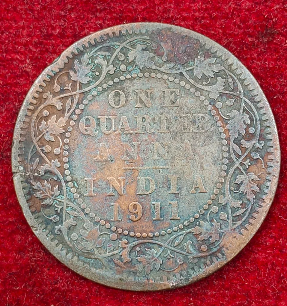 India - British ¼ Anna 1911 - George V Rare Coin # E-233