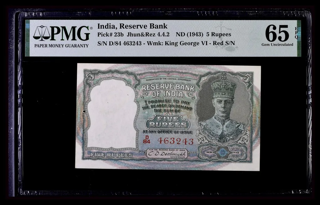 Rs 5 British India Pmg Graded 65 Epq King George VI Front Face 3 Deer Signed By C D Deshmukh Red Serial Unique and Rare