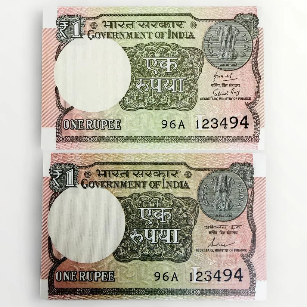 Re 1 India Banknote Twin Pair Set Both Numbers Identical Only Sign Different Unc Unique and Rare