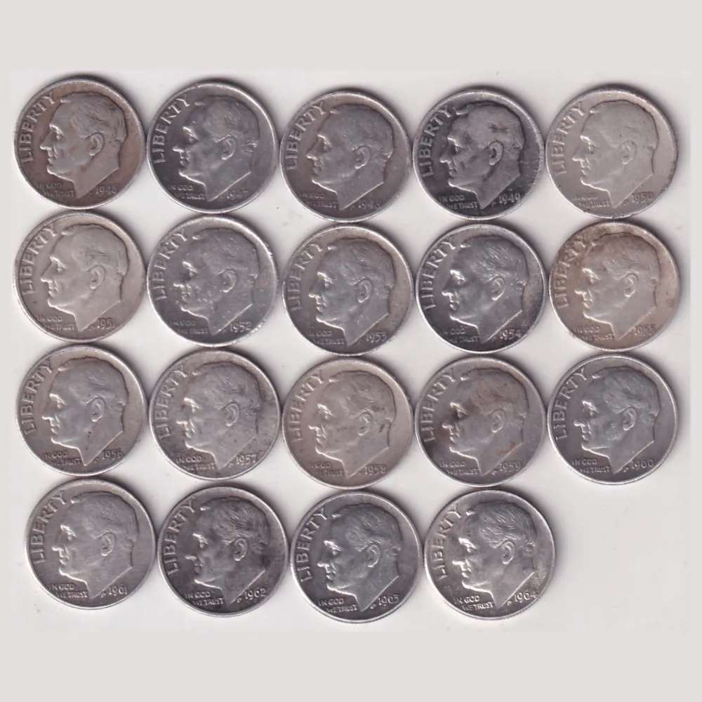 19 Different Date America One Dime "Roosevelt Silver Dime" Rare Silver Coin ( 19 Coin Set ) #C-17