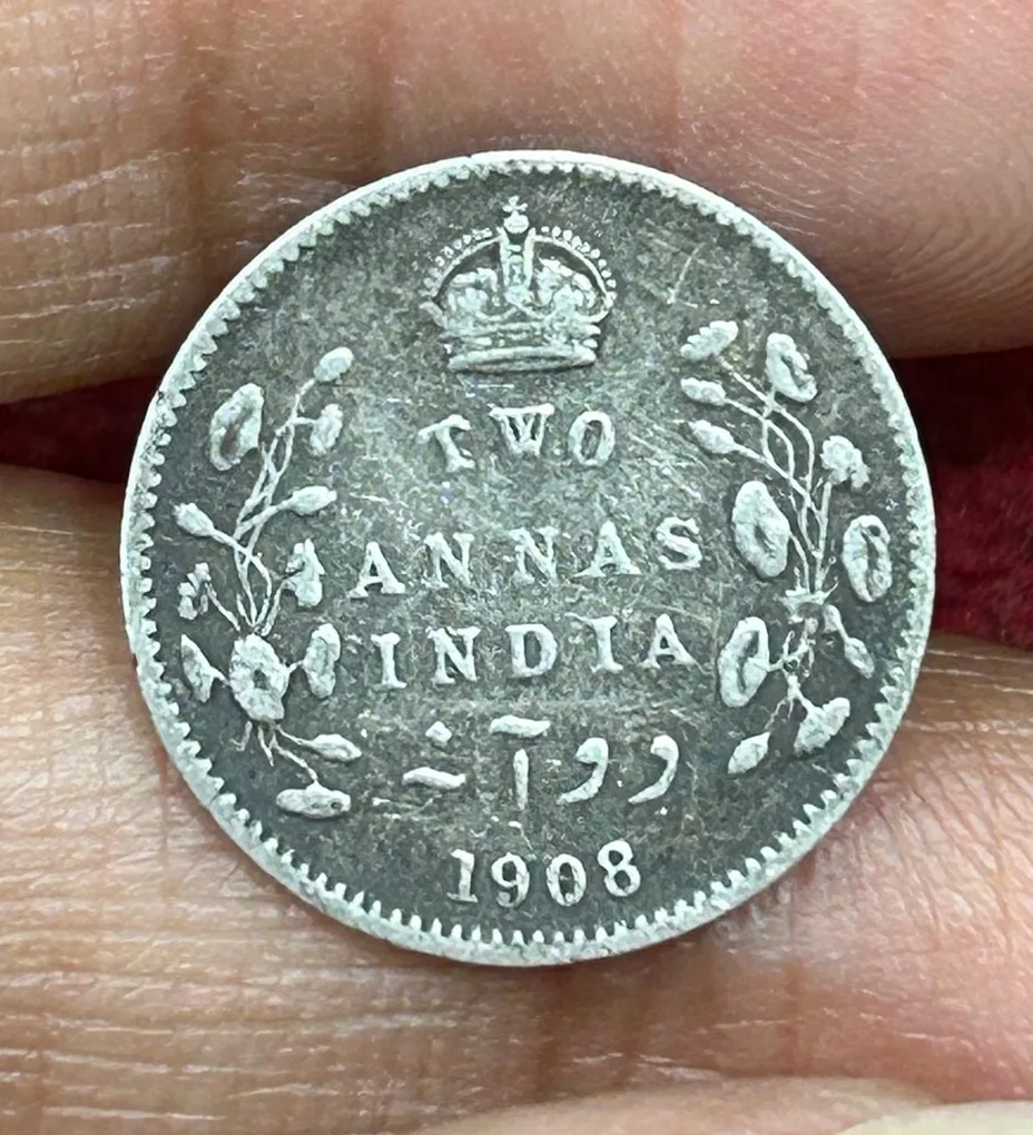 British-India 2 Annas 1908 - (Edward VII) Rare Silver Coin #E-264