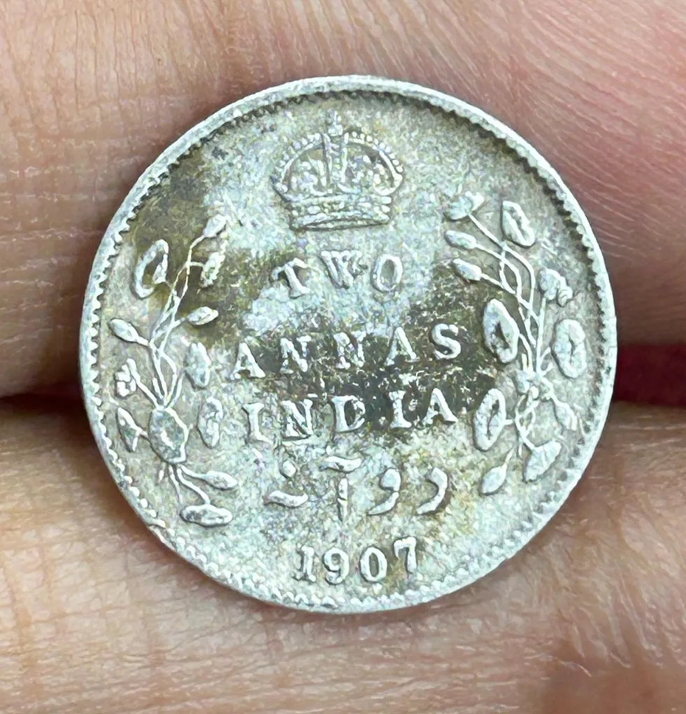 British-India 2 Annas 1907 (Edward VII) Rare Silver Coin #E-250