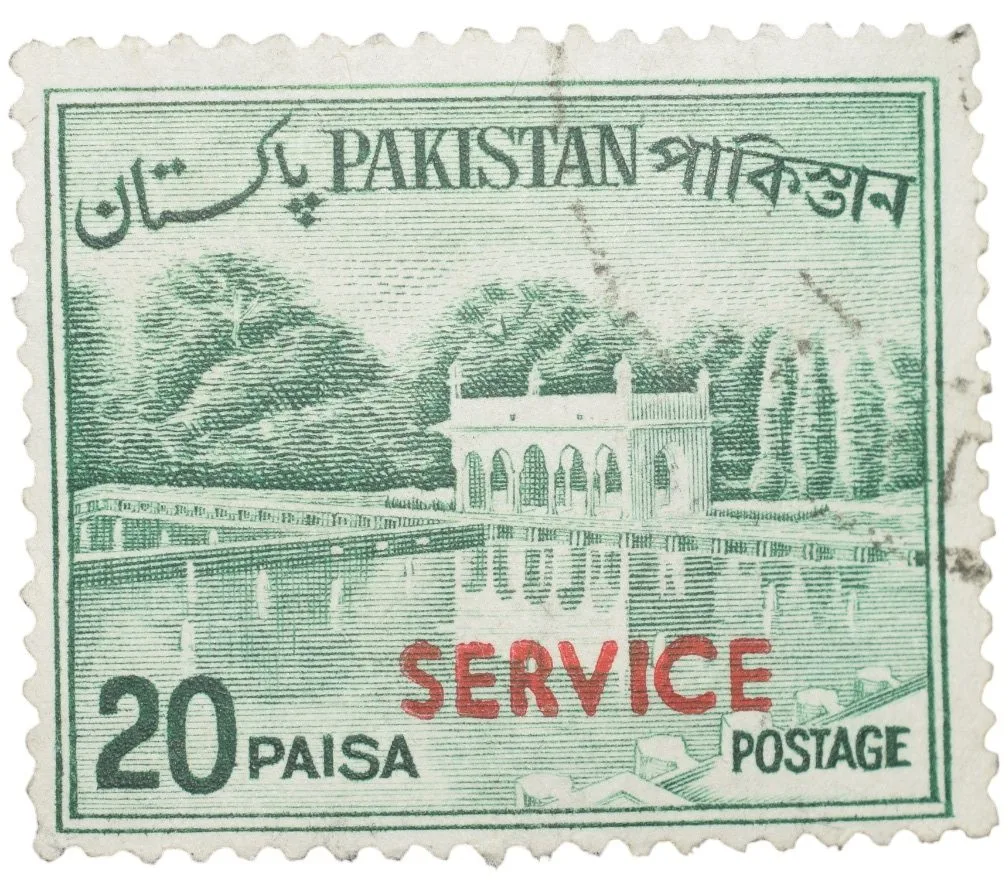 Old Postal Stamp of East Pakistan (Now Bangladesh) Green Colour with Shalimar Gardens (AD 1962) 'Service' Over Printed in Red Used Condition as per Image, Rare.
