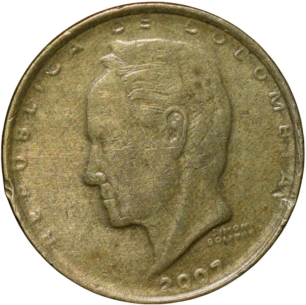 Brass 20 Pesos of Colombia Country (AD 2007) with Portrait of Simón Bolívar (1783-1830)