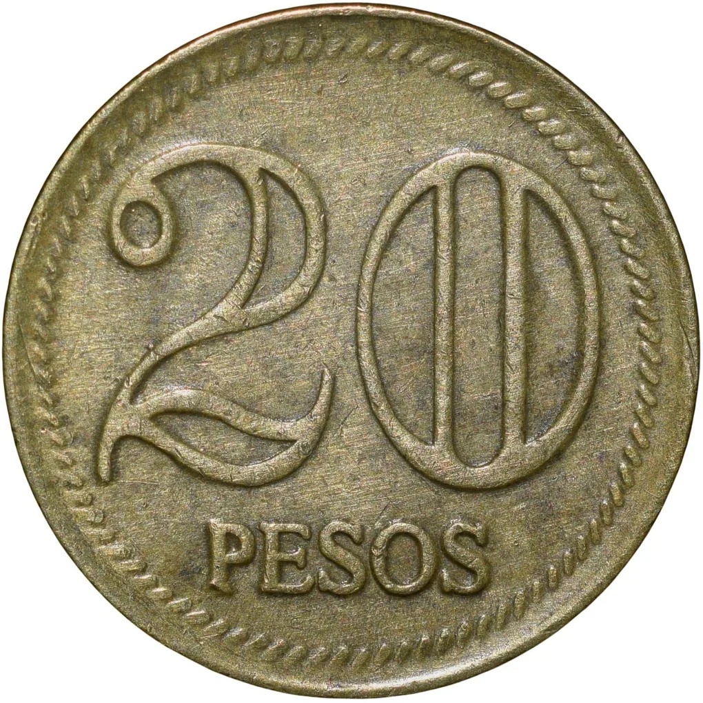 Brass 20 Pesos of Colombia Country (AD 2007) with Portrait of Simón Bolívar (1783-1830)