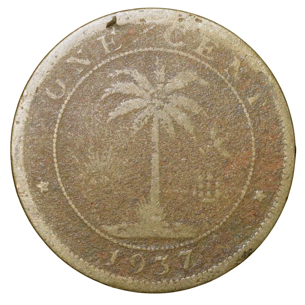Old Nickel-Brass 1 Cent of Liberia (AD 1937) with Elephant/Palm Tree