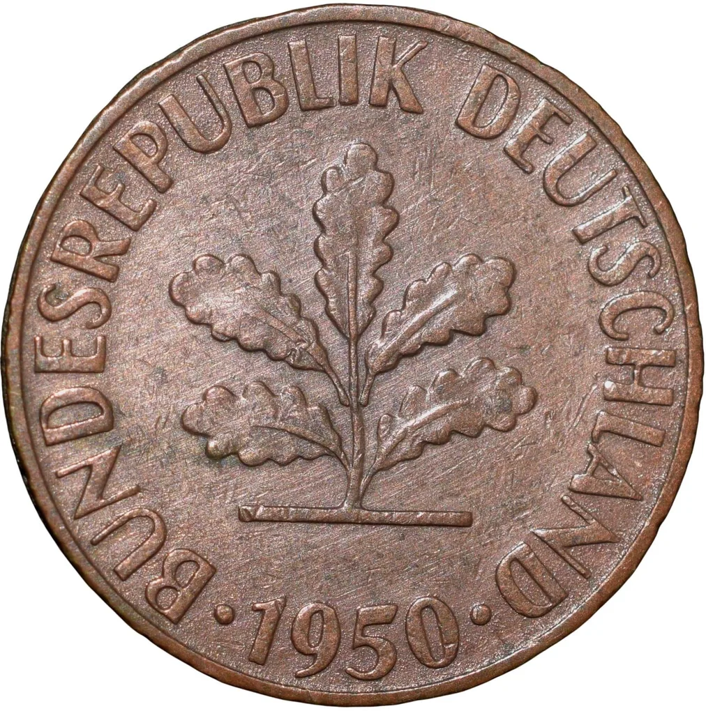 Old Brass 5 Pfennig of Germany (AD 1950) with Oak Sapling