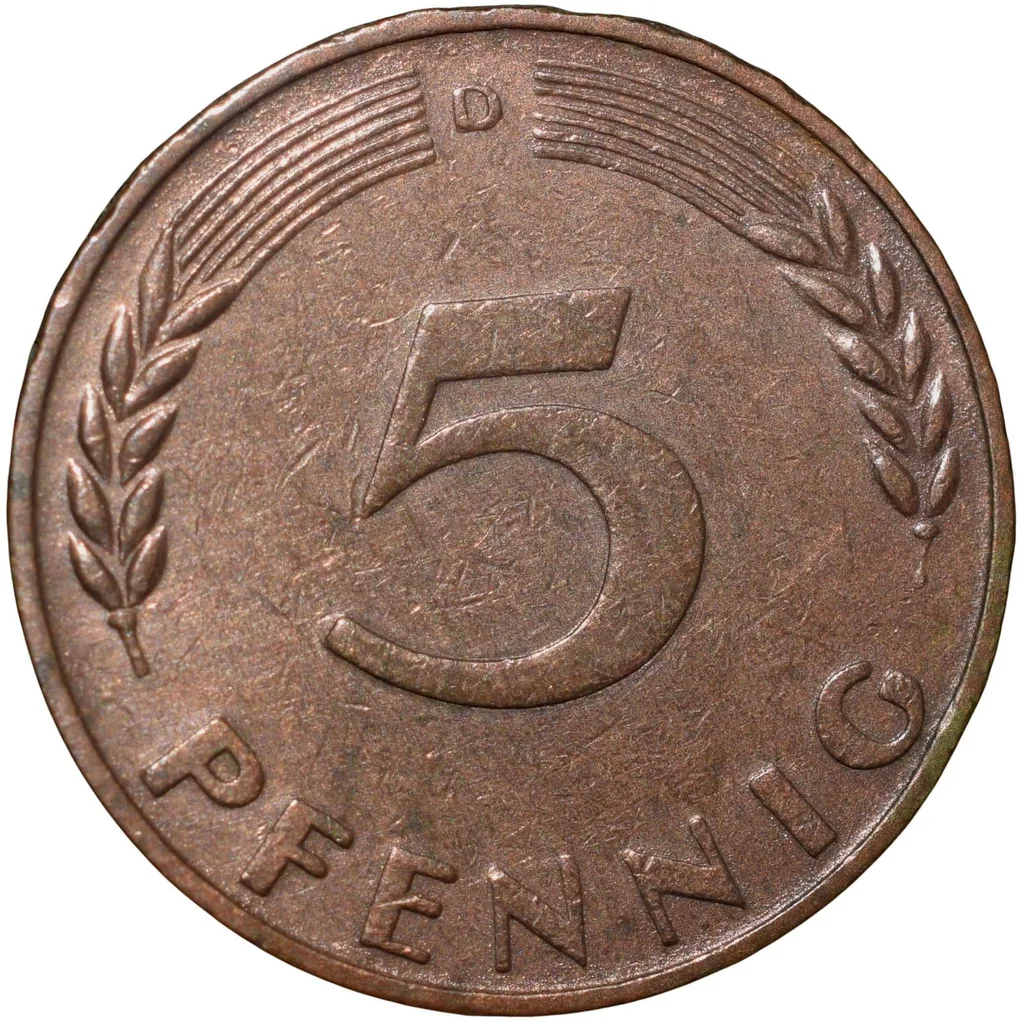 Old Brass 5 Pfennig of Germany (AD 1950) with Oak Sapling