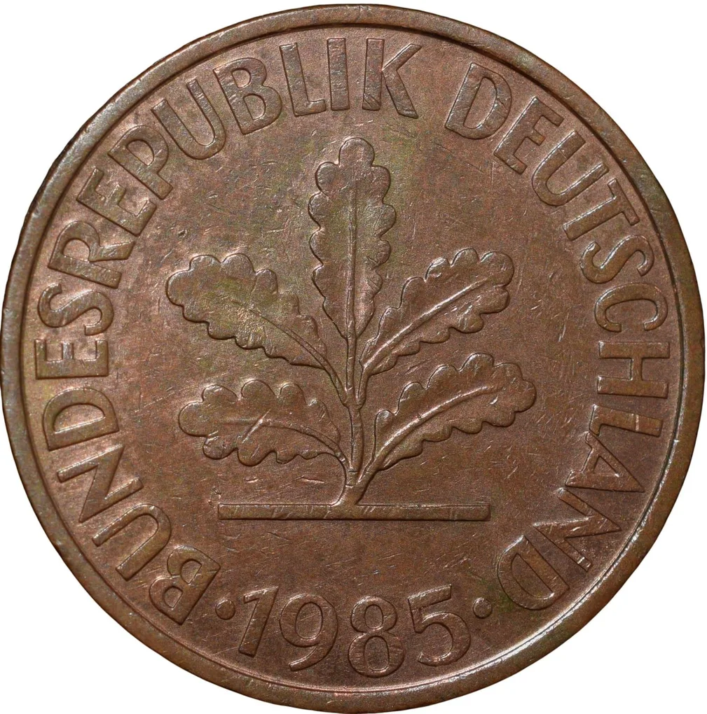 Brass 10 Pfennig of Germany (AD 1985) with Oak Sapling