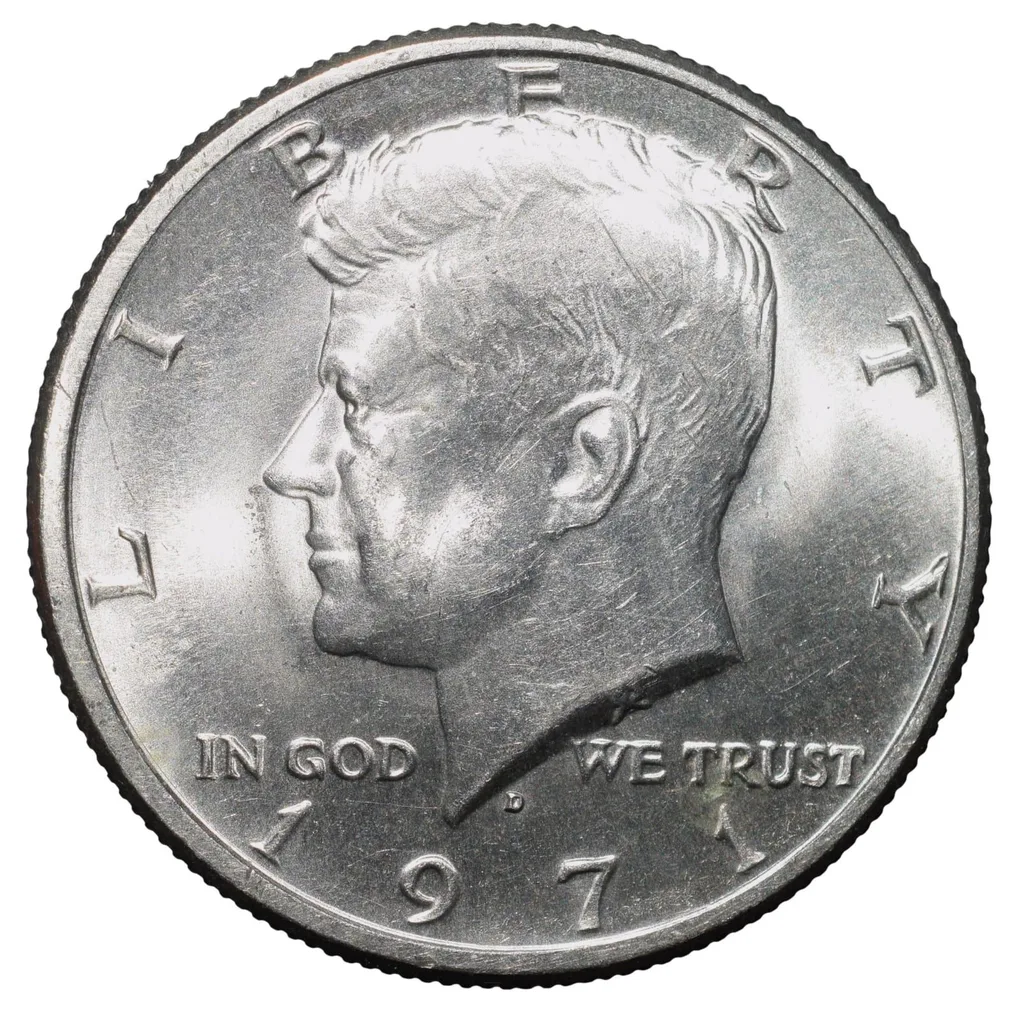 Copper-Nickel 1/2 Dollar of USA (AD 1971) with Portrait of John F. Kennedy UNC Grade