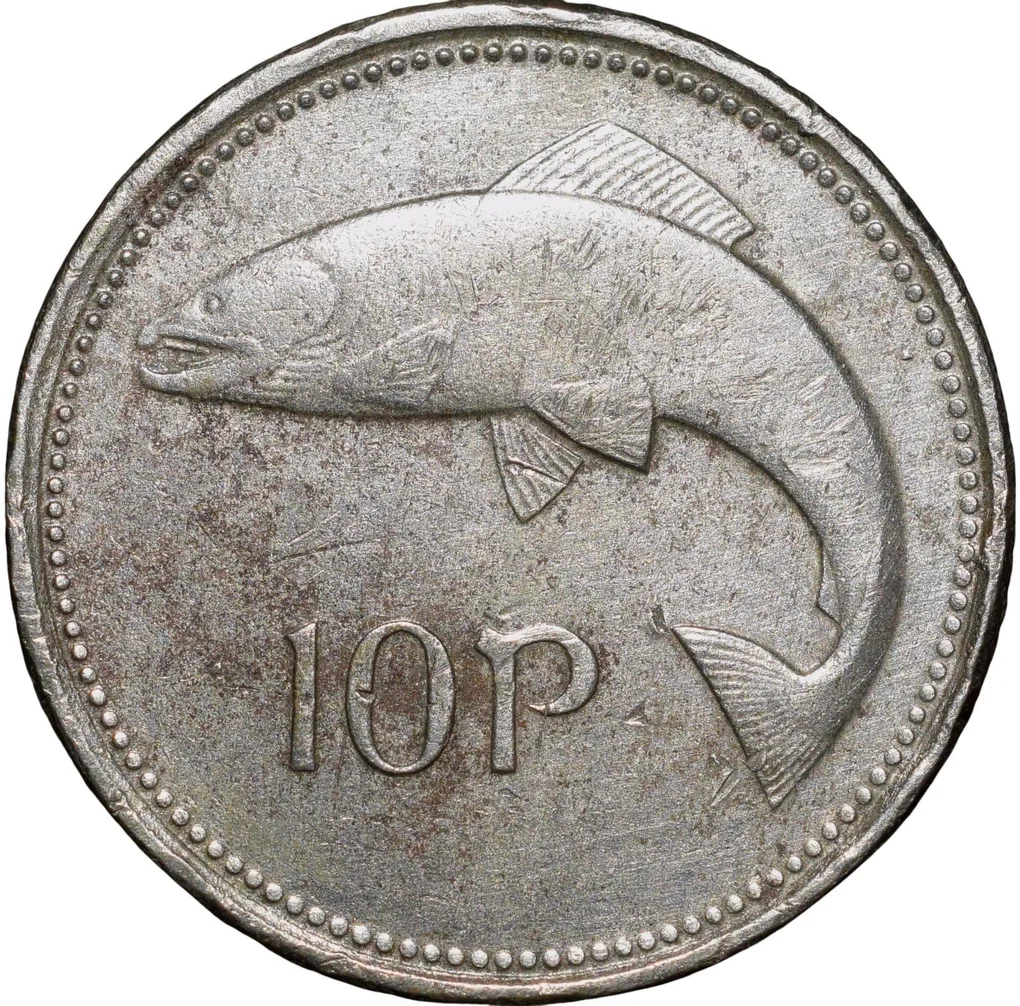 Copper-Nickel 10 Pence of Elizabeth II (AD 1993) from Ireland with salmon Fish