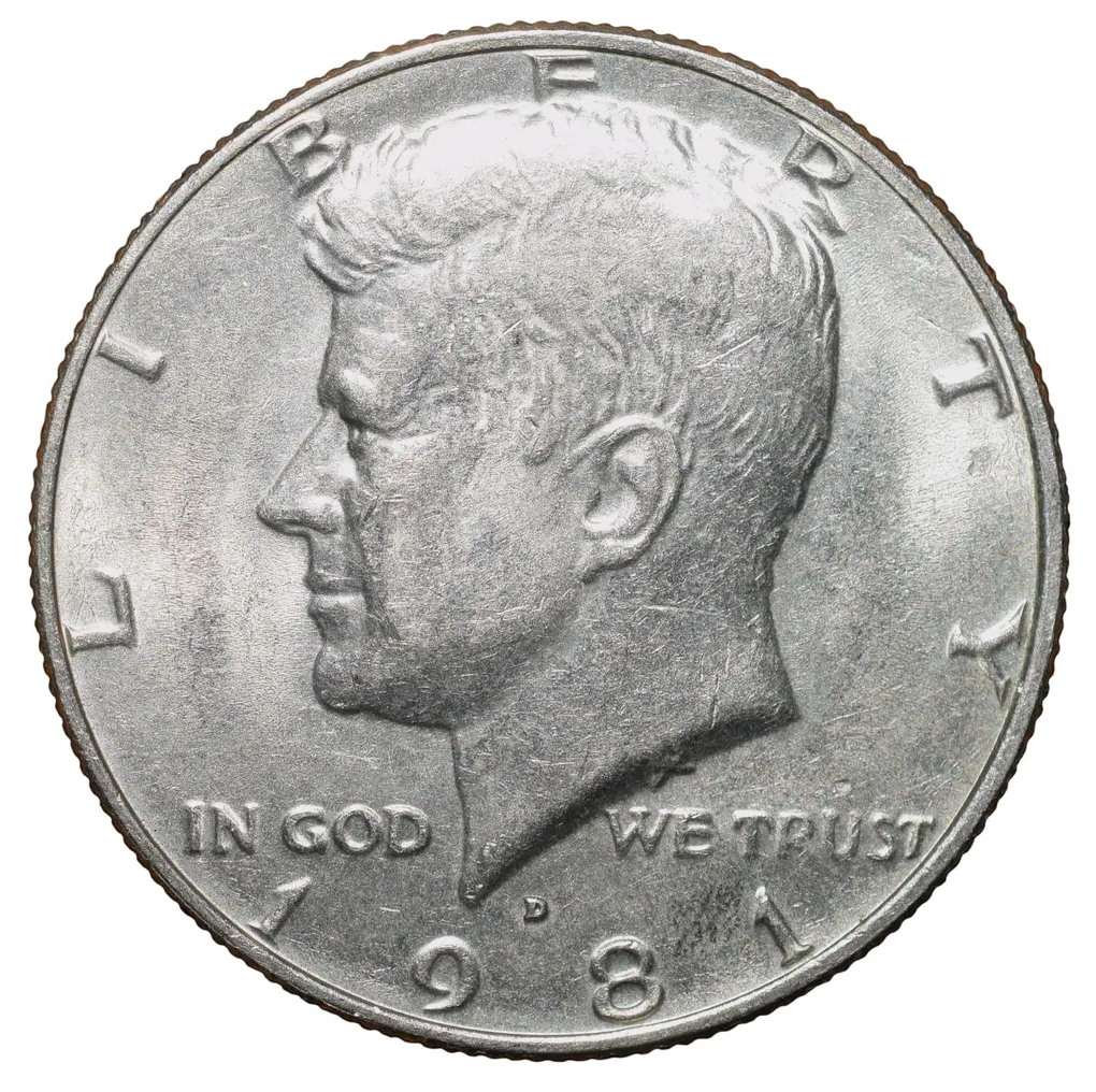 Copper-Nickel 1/2 Dollar of USA (AD 1981) with Portrait of John F. Kennedy About UNC Grade