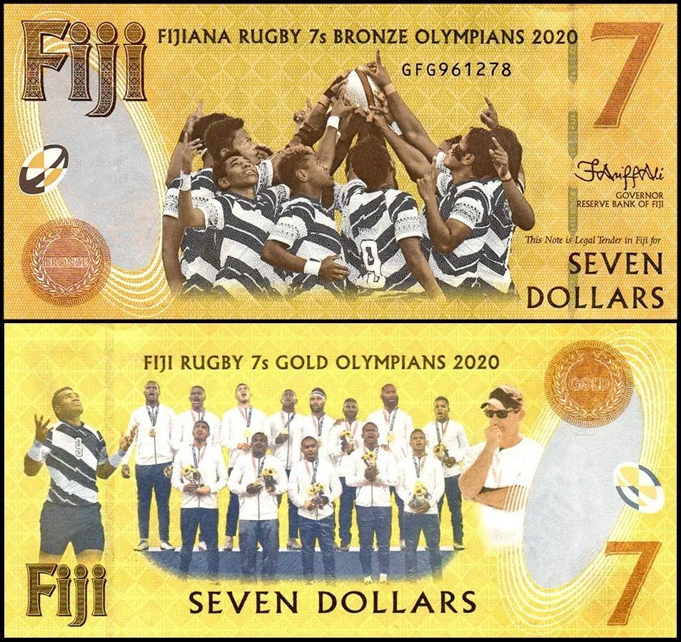 Fiji 7 Dollars World Banknote 2022 P122a1 UNC Commemorative Fijiana and Fiji Rugby 7s Bronze and Gold Medal Win 2021 Summer Olympics in Tokyo Unique and Rare