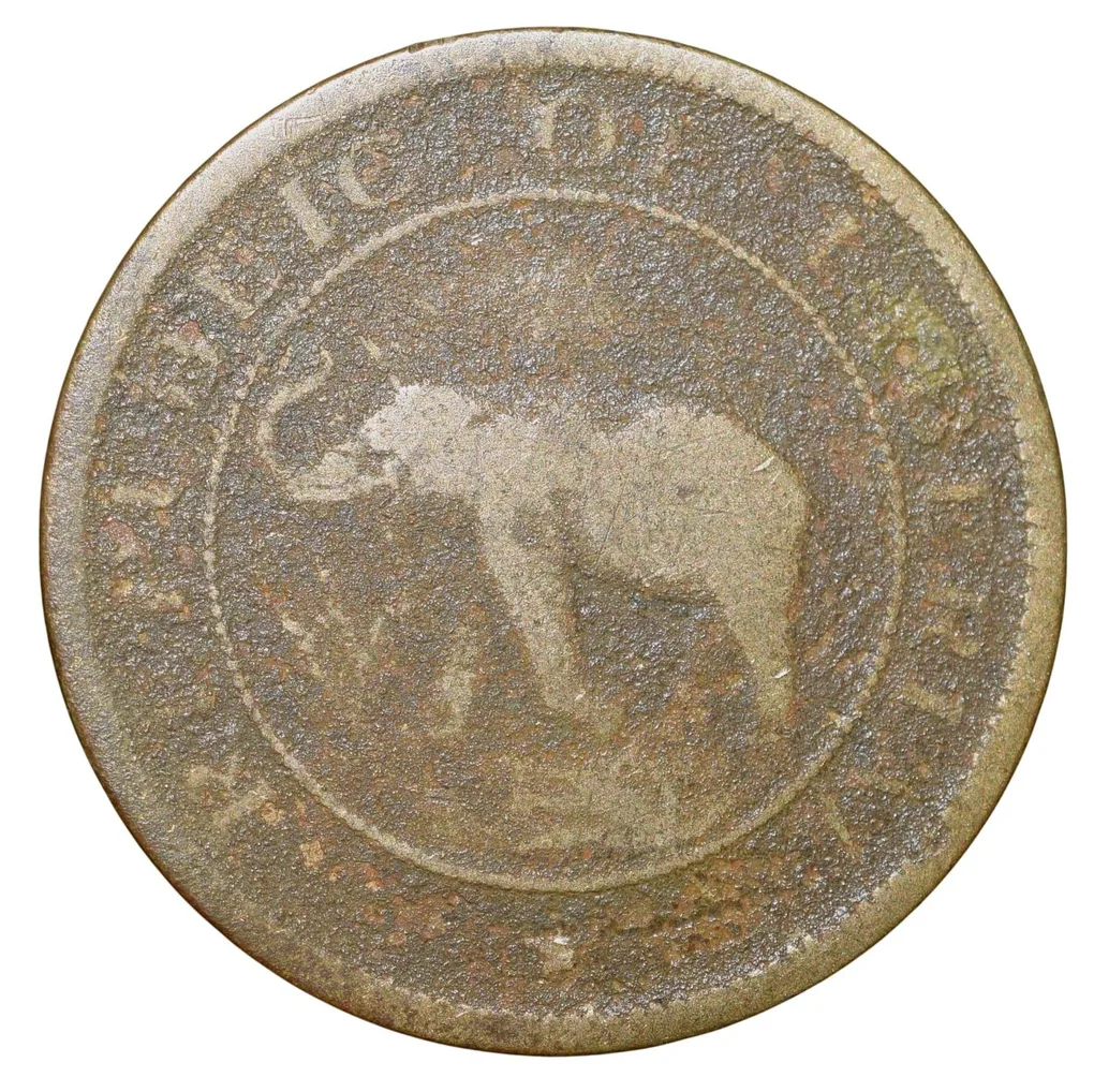 Old Nickel-Brass 1 Cent of Liberia (AD 1937) with Elephant/Palm Tree