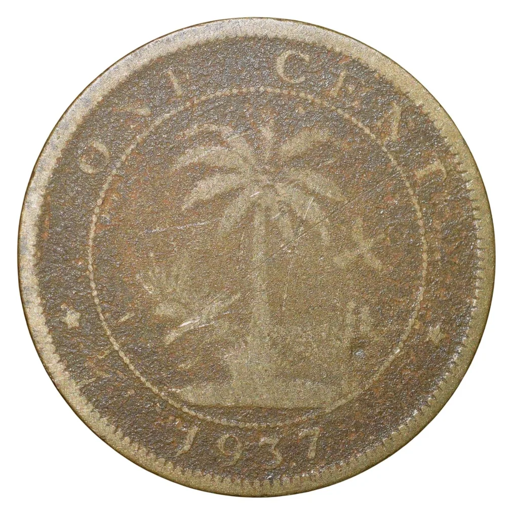 Old Nickel-Brass 1 Cent of Liberia (AD 1937) with Elephant/Palm Tree