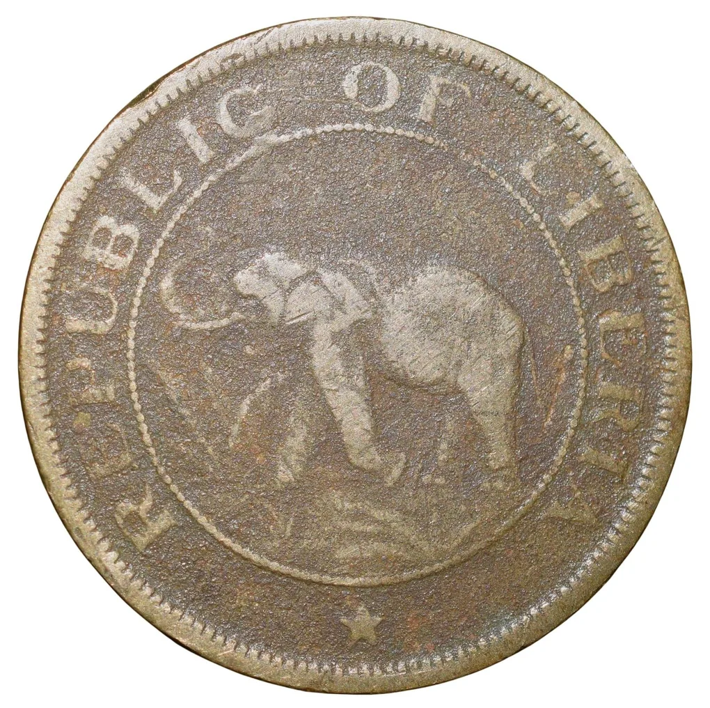 Old Nickel-Brass 2 Cents of Liberia (AD 1937) with Elephant/Palm Tree