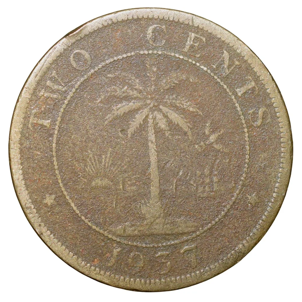 Old Nickel-Brass 2 Cents of Liberia (AD 1937) with Elephant/Palm Tree