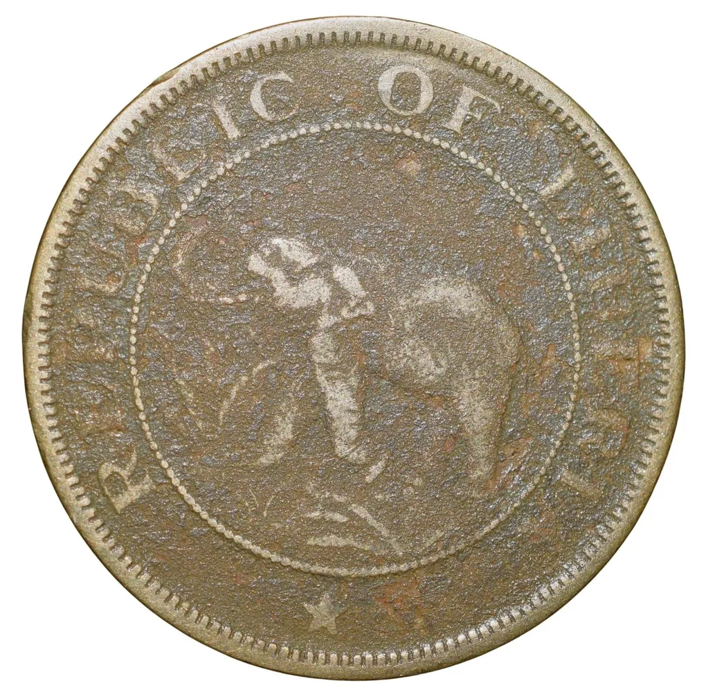 Old Nickel-Brass 2 Cents of Liberia (AD 1937) with Elephant/Palm Tree
