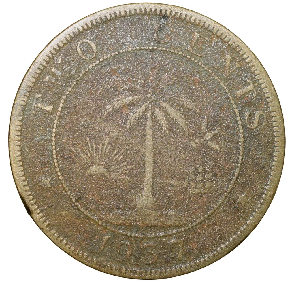 Old Nickel-Brass 2 Cents of Liberia (AD 1937) with Elephant/Palm Tree