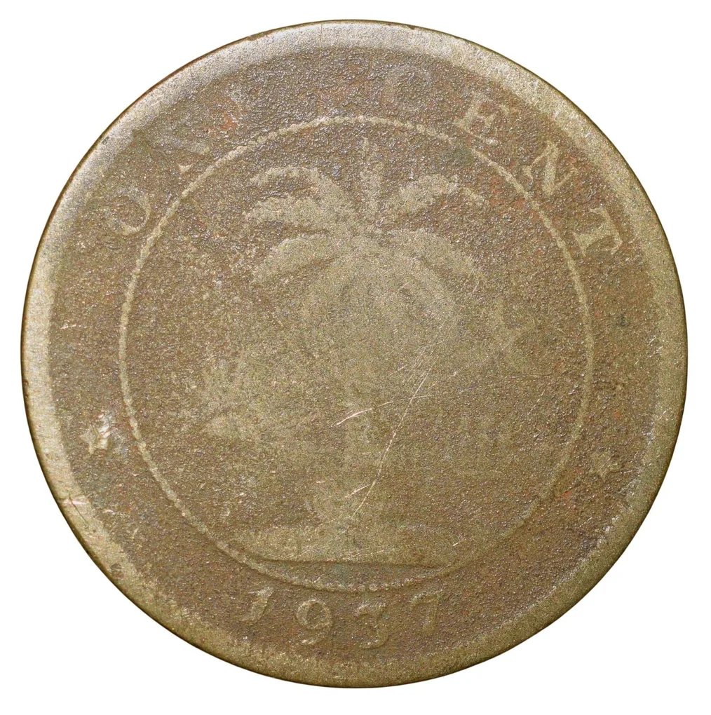 Old Nickel-Brass 1 Cent of Liberia (AD 1937) with Elephant/Palm Tree