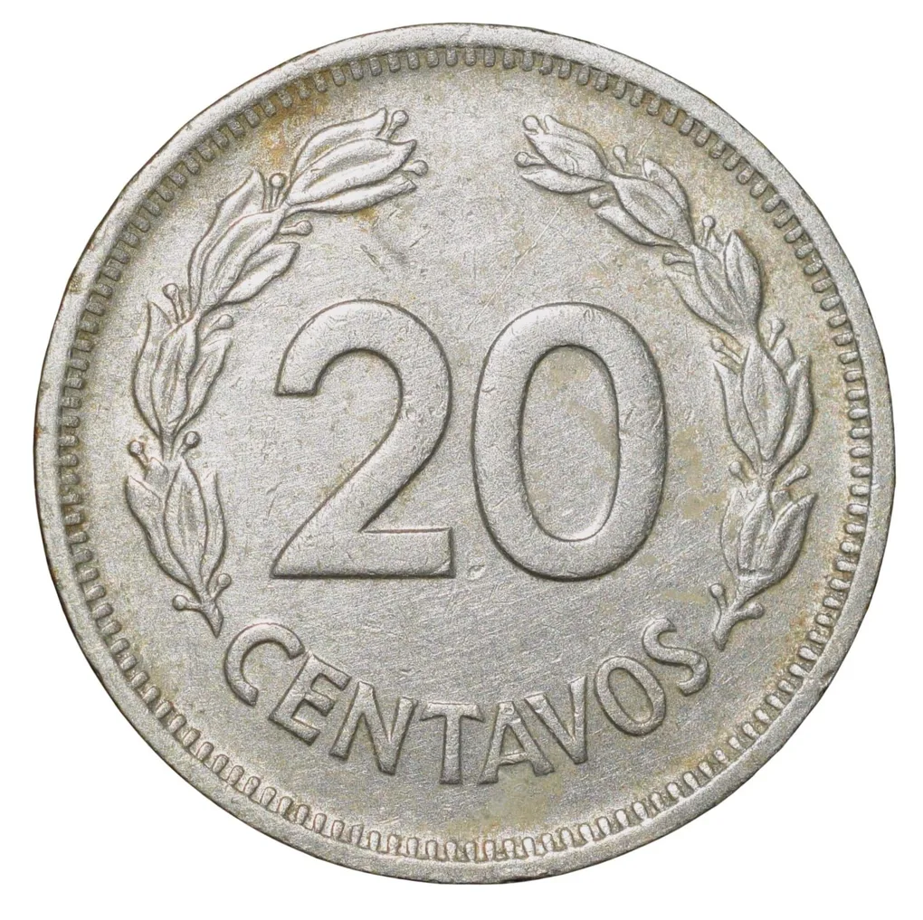 Nickel Coated Steel 20 Centavos of Ecuador (AD 1975) with coat of arms