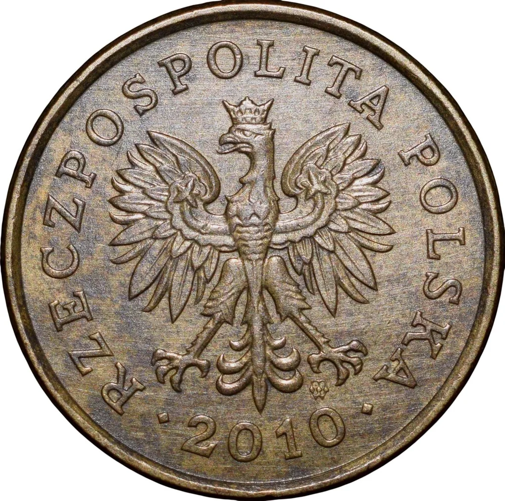 Brass 5 Groszy of Poland Country (AD 2010) with Crowned Eagle/An Oak Leaf
