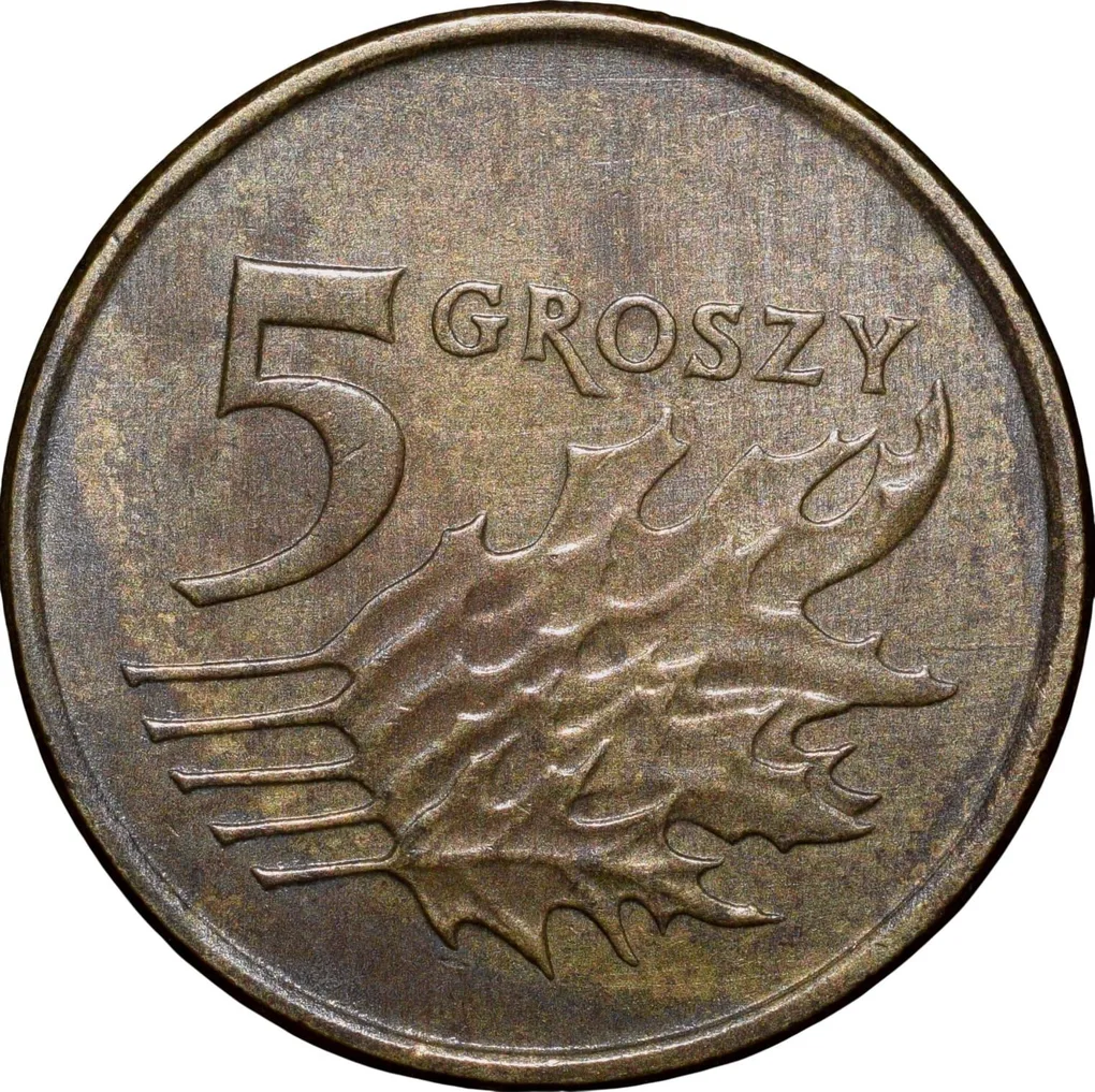 Brass 5 Groszy of Poland Country (AD 2010) with Crowned Eagle/An Oak Leaf