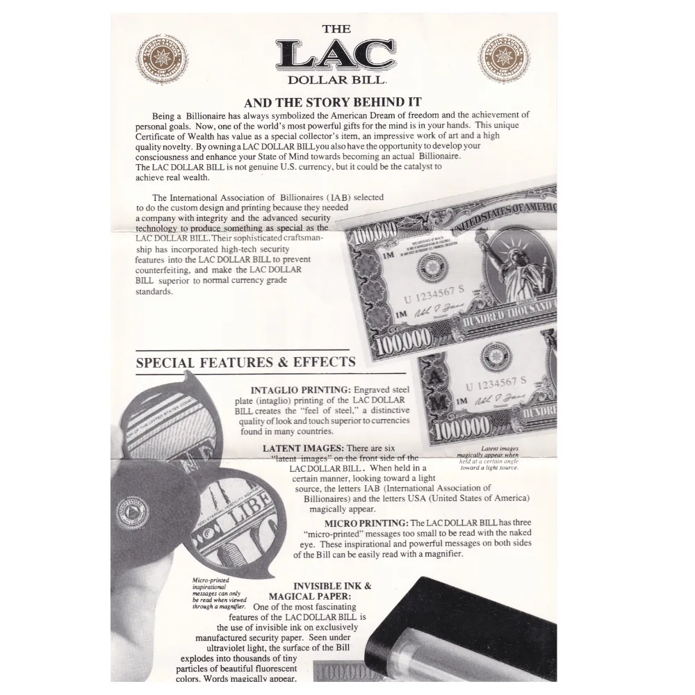 One Lac Dollar Bill With Certificate Rare Set#B2