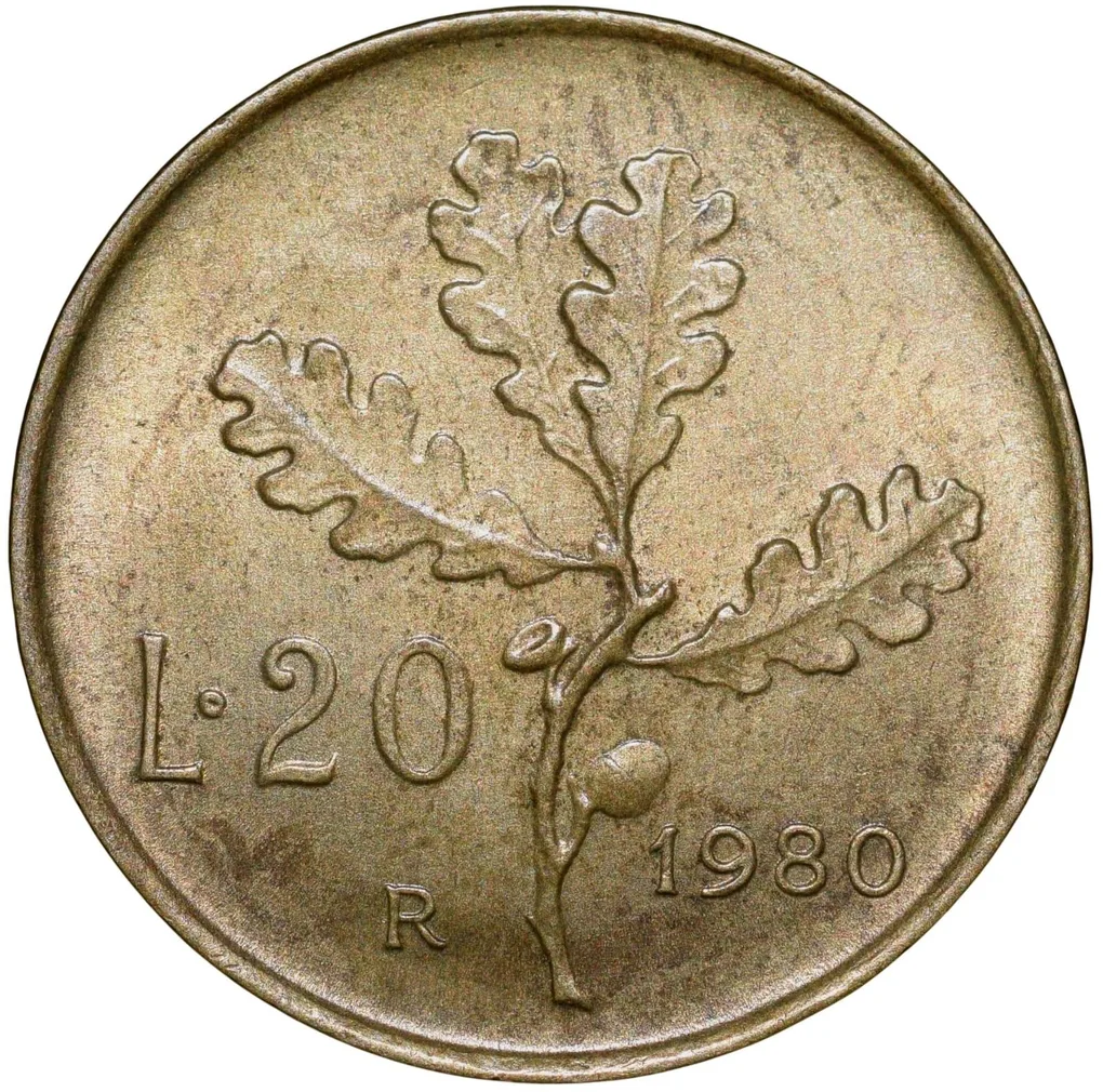 Brass 20 Lira of Italy Country (AD 1980) with Oak Leaves About UNC Grade
