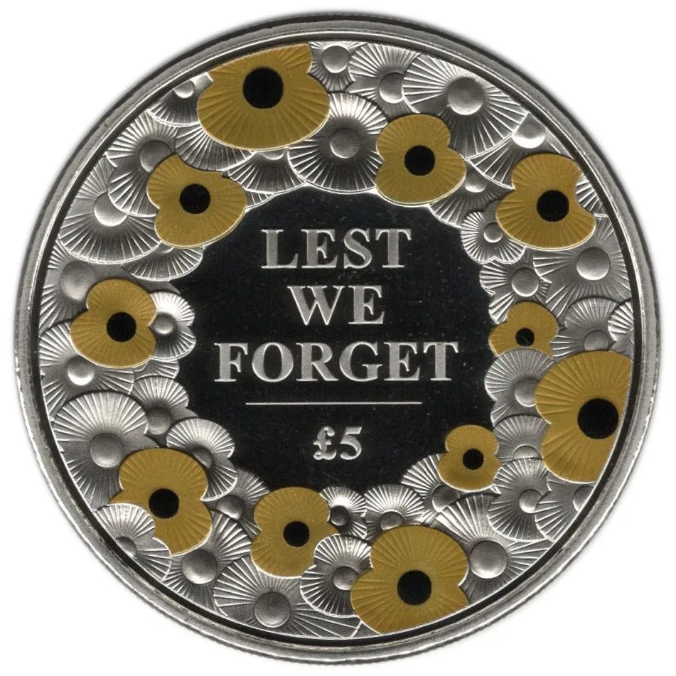Jersey 5 Pounds - Elizabeth II Remembrance Day 2015; Proof with gold printed poppies Rare Unc Coin with Box And Certificate