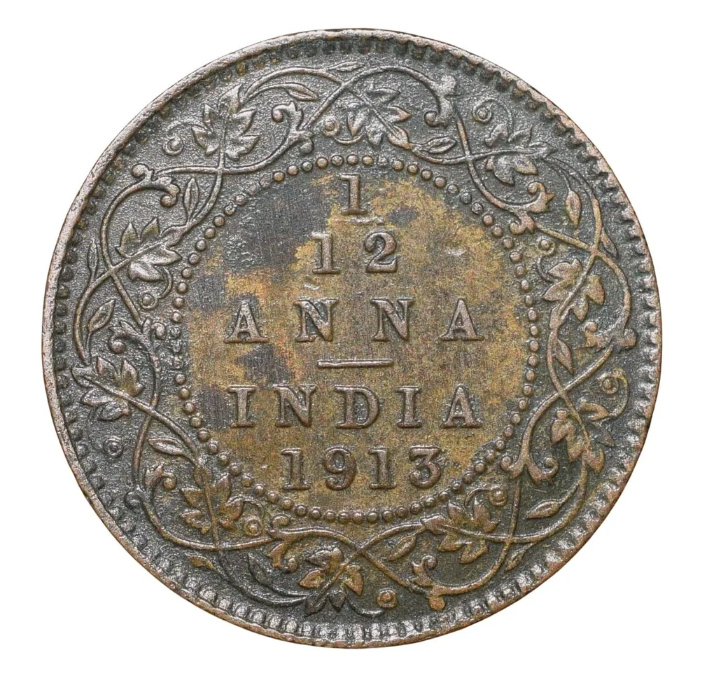 Bronze 1/12 Anna of George V (AD 1913) of Calcutta Mint KM 509 Beautiful Grade Rare Date
