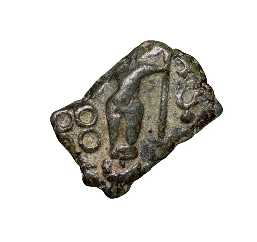 Copper Coin of Maharathis of Andhra(2nd Cen.BC) with Nandipad above Bull Right/Standing Deity above Taurine, Nandipad, Ujjaini & Swastik Ext.Rare