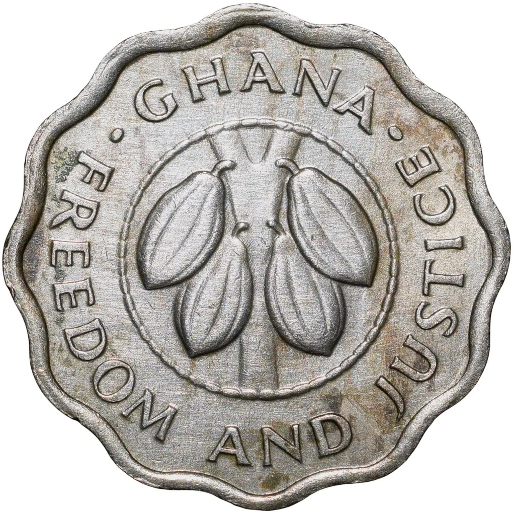 2-1/2 Pesewas of Ghana Country (AD 1967) with Cocoa Plants Rare
